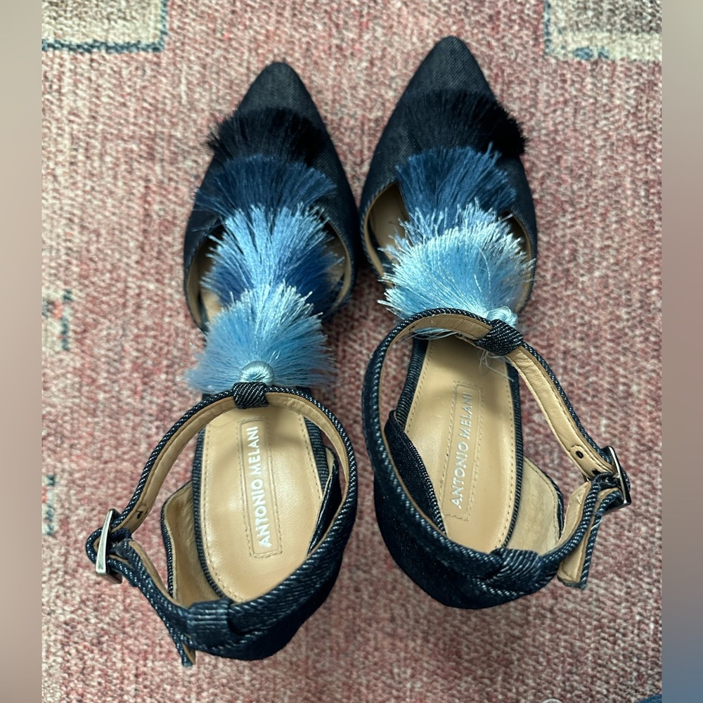 ANTONIO MELANI Navy Denim Pointed-Toe Heels with Blue Ombre Tassels - Picture 5 of 6